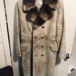 Vintage Stressed Suede Coat with real fur collar